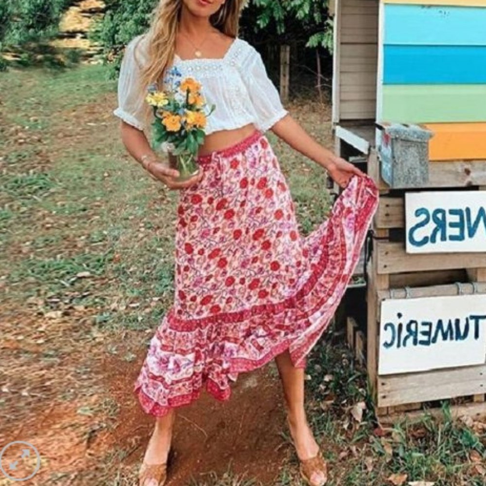 Rose Charm Boho Floral Print Midi Skirt